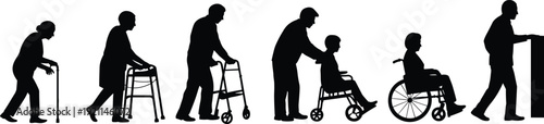 Mobility aids, accessibility, healthcare, rehabilitation, silhouette vector illustration, cane, walker, rollator, wheelchair, elder care, physical therapy, disability support