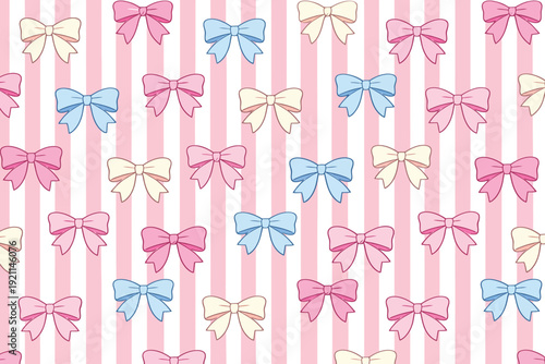 Coquette seamless pattern with hand drawn bows on vertical stripes background soft feminine aesthetic design