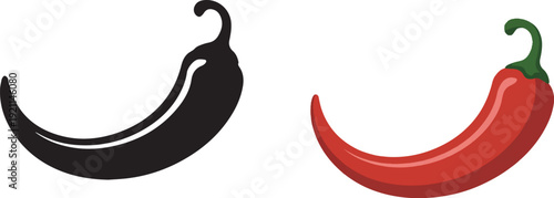 Red and black chili peppers in simple flat design with bold colors on white background for spice illustration