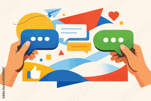 hands holding two speech bubble messages communication 