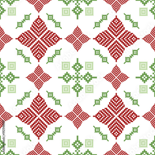 Seamless Red and Green Pixel Tribal Geometric Pattern for Rugs and Textiles. ideal for textile printing, upholstery, fashion fabrics, home decor, wallpaper, and surface design.