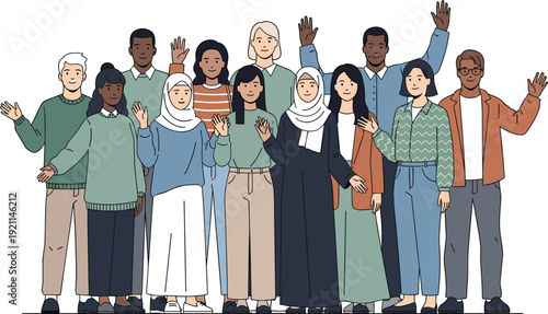 Diverse Multicultural Group of People Waving Together, Inclusive Community Portrait with Men and Women Standing United Vector Illustration