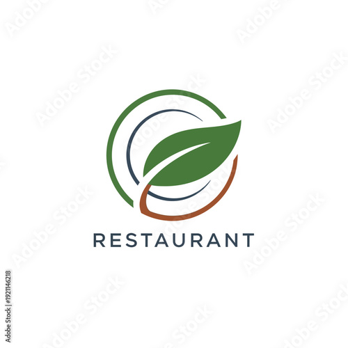 Restaurant Logo Design Featuring Green Leaf Symbol