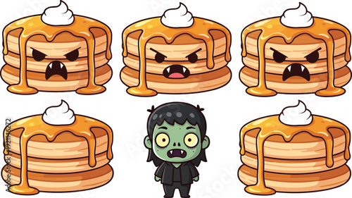 Cute angry pancake monster characters with syrup and whipped cream topping cartoon vector illustration isolated on white background