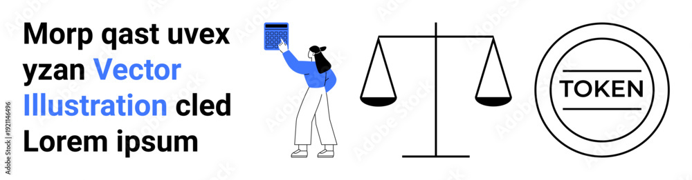 Fototapeta premium Justice, equality, cryptocurrency, digital assets, legal systems, technology. Woman holding an item, scale icon and token design. Justice and cryptocurrency concepts visually