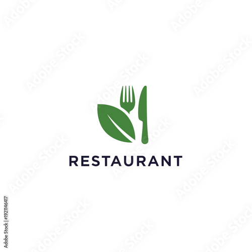 Restaurant Logo Featuring Green Utensils and Leaf