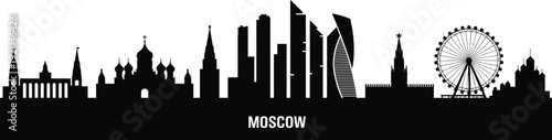 Moscow skyline silhouette, Russian architecture, Kremlin towers, Orthodox domes, modern skyscrapers, Ferris wheel, cityscape vector, historic and contemporary design illustration