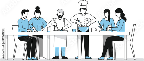 Cooking Class Illustration with Chef Teaching Students at Kitchen Table, Culinary Training, Teamwork Food Preparation and Learning Concept Vector