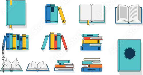 Books Collection Vector Set with Open and Closed Books, Stacked Textbooks, Bookshelf Elements and Educational Reading Icons
