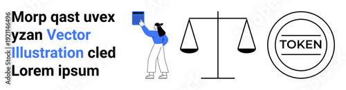 Justice, equality, cryptocurrency, digital assets, legal systems, technology. Woman holding an item, scale icon and token design. Justice and cryptocurrency concepts visually