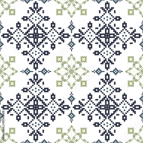 Seamless Tribal Pixel Geometric Rug Pattern in Blue, Green and Neutral Tones. ideal for textile printing, upholstery, fashion fabrics, home decor, wallpaper, and surface design.