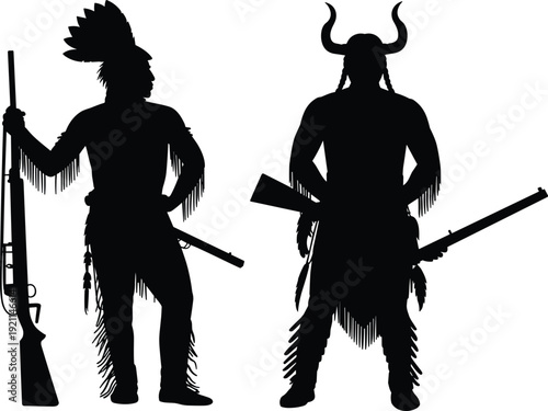 Native American warrior silhouettes, traditional attire, feather headdress, horned headpiece, rifle weapon, cultural heritage, historic costume, tribal vector illustration