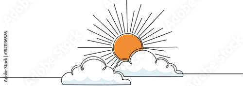 Minimalist Sunrise Illustration with Sun Rays and Clouds, Simple Line Art Landscape, Morning Sky Nature Scene Vector Design