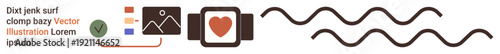 Technology, user interface design, digital health, smart devices, art concepts, modern aesthetics. Graphics include gallery icon, smartwatch with heart and wavy lines. Technology and user interface