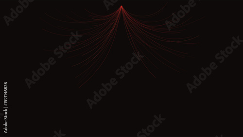 Flow lines of glowing red light trails resembling fiber optics, radiating from a central point against a stark black background, abstract composition