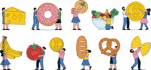 Conceptual flat vector illustration of tiny people carrying giant food items like donuts, bread, cheese, and fruit, alongside large gold dollar coins for economy themes.
