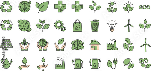 Comprehensive set of green eco friendly icons featuring renewable energy solar panels wind turbines recycling symbols and sustainable lifestyle elements for environmental conservation projects.