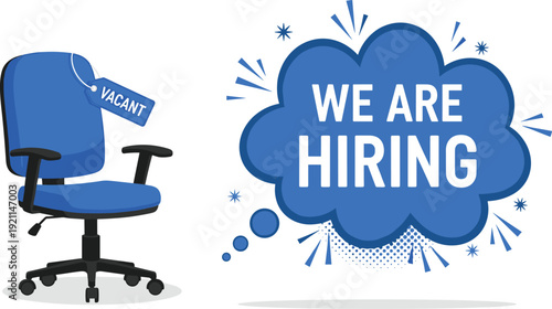Chair with vacant sign we are hiring in speech bubble transparent background, recruitment concept