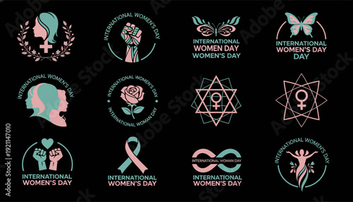 International women's day icons set symbols and logos for celebration and awareness equality and empowerment