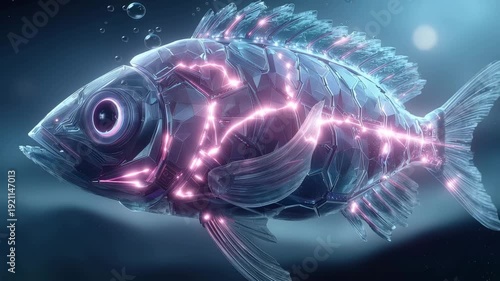 Futuristic neon fish swimming in deep water bioluminescent particles cybernetic scales underwater environment immersive concept