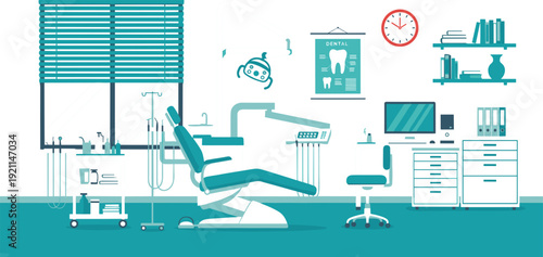 Modern dental clinic interior vector illustration with professional dentist chair medical equipment and comfortable patient waiting area for healthcare office and stomatology design