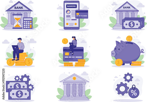Online banking and personal finance icon set with piggy bank credit card currency and business people for investment and savings flat illustration