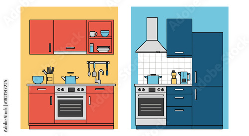 Modern kitchen designs featuring contrasting color schemes and appliances