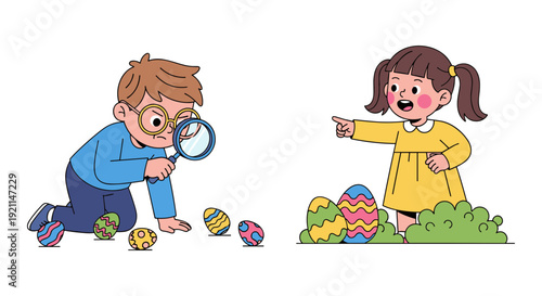 Curious child examining colorful eggs in a garden with a friend nearby