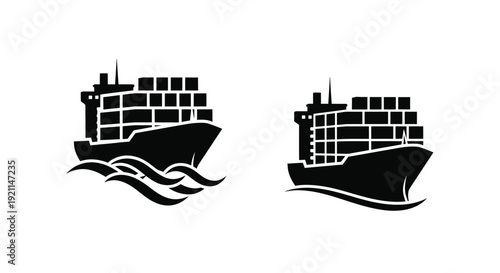 Two cargo ships sailing on waves a striking black silhouette