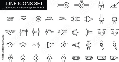 Comprehensive set of black line icons featuring electronic circuit symbols including resistors capacitors transistors diodes and power switches for engineering and technical schematics.