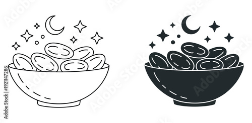 Ramadan night meal with dates and soup in traditional black and white bowls under crescent moon and stars