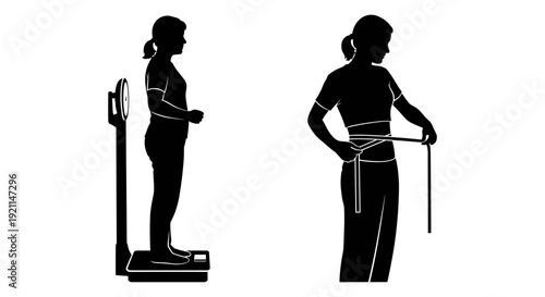 Two silhouettes demonstrating the use of a measuring tape and bathroom scale for body measurements
