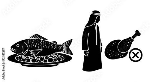 Traditional meal featuring fish and lamb with a crossed-out lamb dish