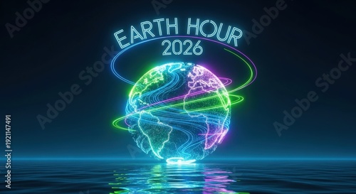 Neon Earth Hour 2026 globe with swirling lights over water planet earth neon lights