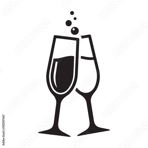 Vector illustration of two wine glasses clinking together with bubbles rising isolated on white background