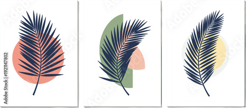Minimalist boho botanical wall art set with tropical palm leaves and abstract geometric shapes in pastel colors for modern interior home decor