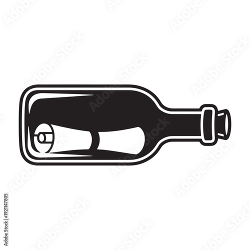 Black and white vector illustration of a message in a bottle isolated on transparent background