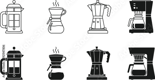 Coffee brewing methods equipment collection including french press moka pot drip and electric machine icons