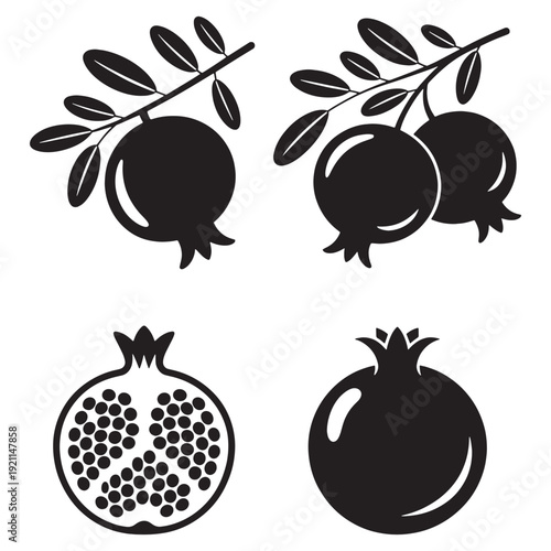 Pomegranate fruit icons with leaves and seeds in black silhouette on white background for food and nutrition concepts  healthy eating and fruit salad ideas