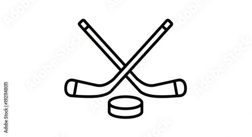 Crossed hockey sticks and puck on ice rink, illustration of hockey game, sport equipment, competitive team sport, winter activity