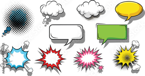 Comic book speech bubbles and explosion clouds set in pop art style with halftone patterns and bright colors