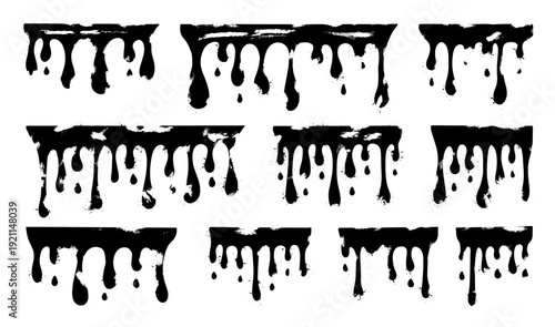 A set of black spray paint vertical drips and leaking textures with a realistic grunge graffiti effect, ideal for urban borders and distressed graphic design elements