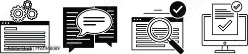 Business process and document verification workflow icons showing settings chat search and approved results