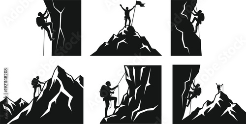 Collection of black silhouettes featuring mountain climbers and mountaineers scaling steep cliffs and reaching the summit with a flag for adventure and outdoor sports.
