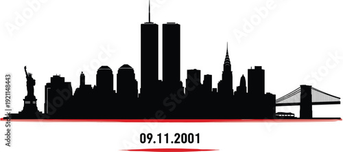 Black silhouette of the New York City skyline featuring the Twin Towers and Statue of Liberty with the date 09.11.2001 for Patriot Day memorial.