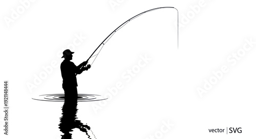 Silhouette of a fisherman casting a line in shallow water with reflection