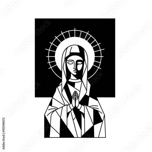 Virgin Mary Praying with Halo, Geometric Style, Black and White Religious Art