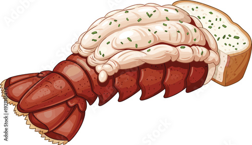 Whole cooked lobster tail with bread slice and butter and chives seasoning on transparent background