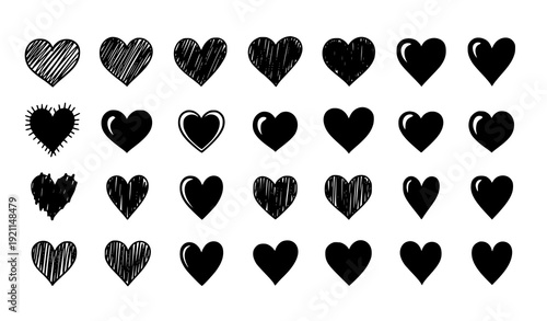 Hand Drawn and Classic Black Heart Collection – Love Romance Vector Icons