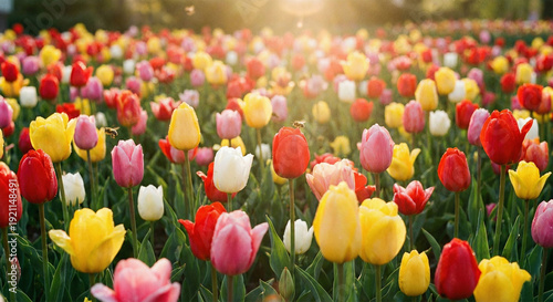 Vibrant tulip field with colorful blooms in sunlight showcasing red yellow pink and white flowers in a lush green landscape
